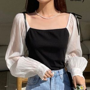 Black and White Two-toned Square Neck Lantern Sleeve Longsleeve